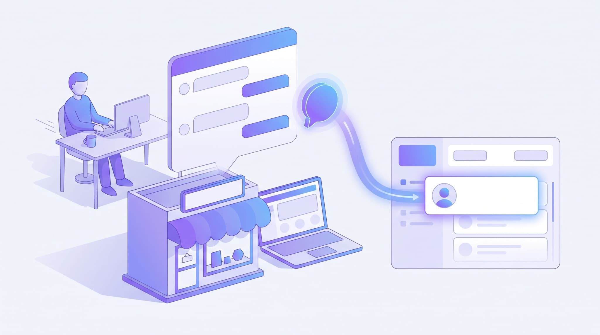 Isometric illustration of an AI chatbot on a small business website: a friendly chat window connected to a CRM, capturing and qualifying a new lead while the shop owner keeps working