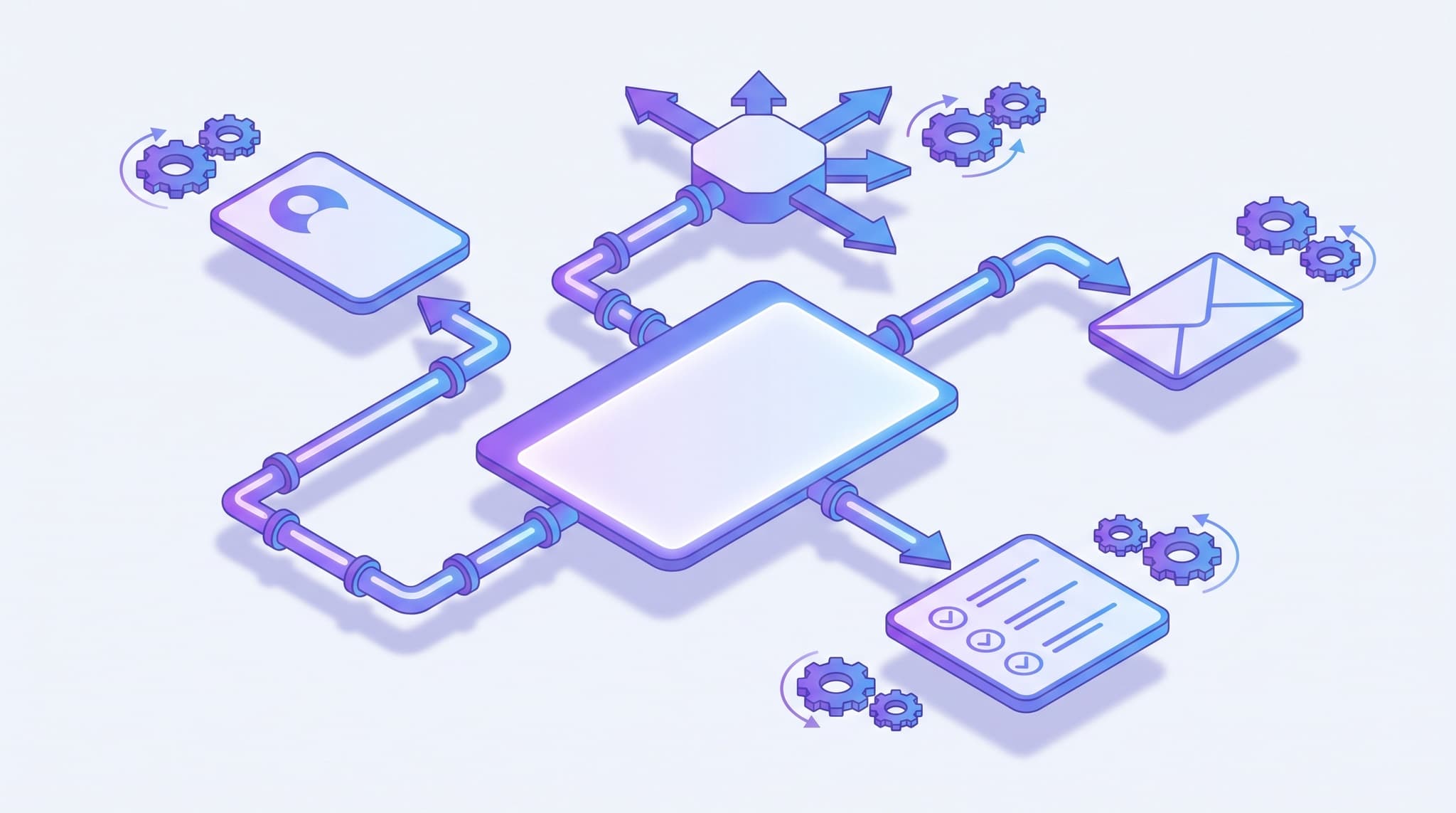 Isometric illustration of a CRM dashboard automatically moving new leads through capture, assignment, follow-up, and task-creation steps along connected pipelines, with gears and arrows showing the workflow running on its own