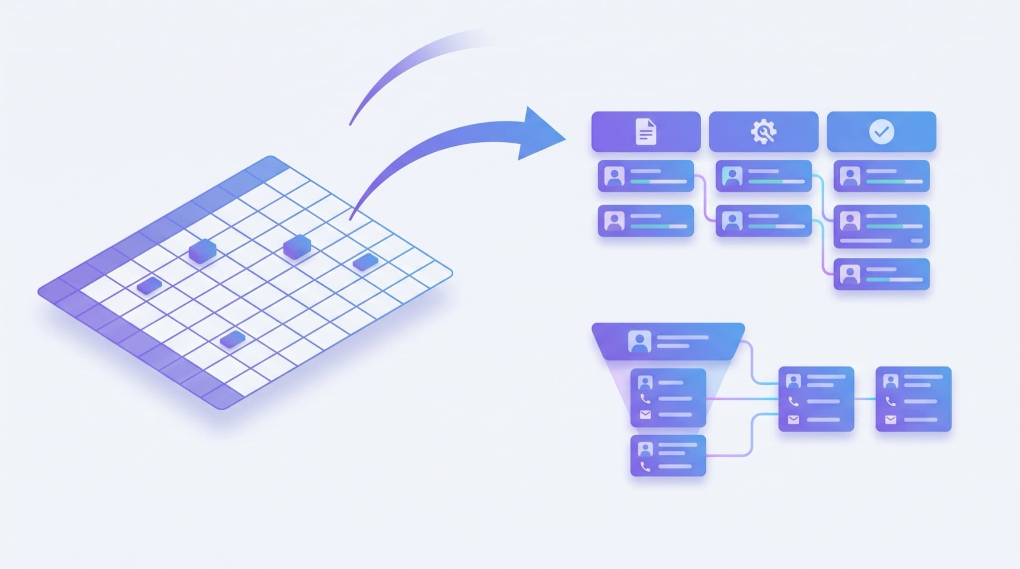 Illustration of a spreadsheet grid transforming into an organized CRM dashboard with connected contact cards and a deal pipeline