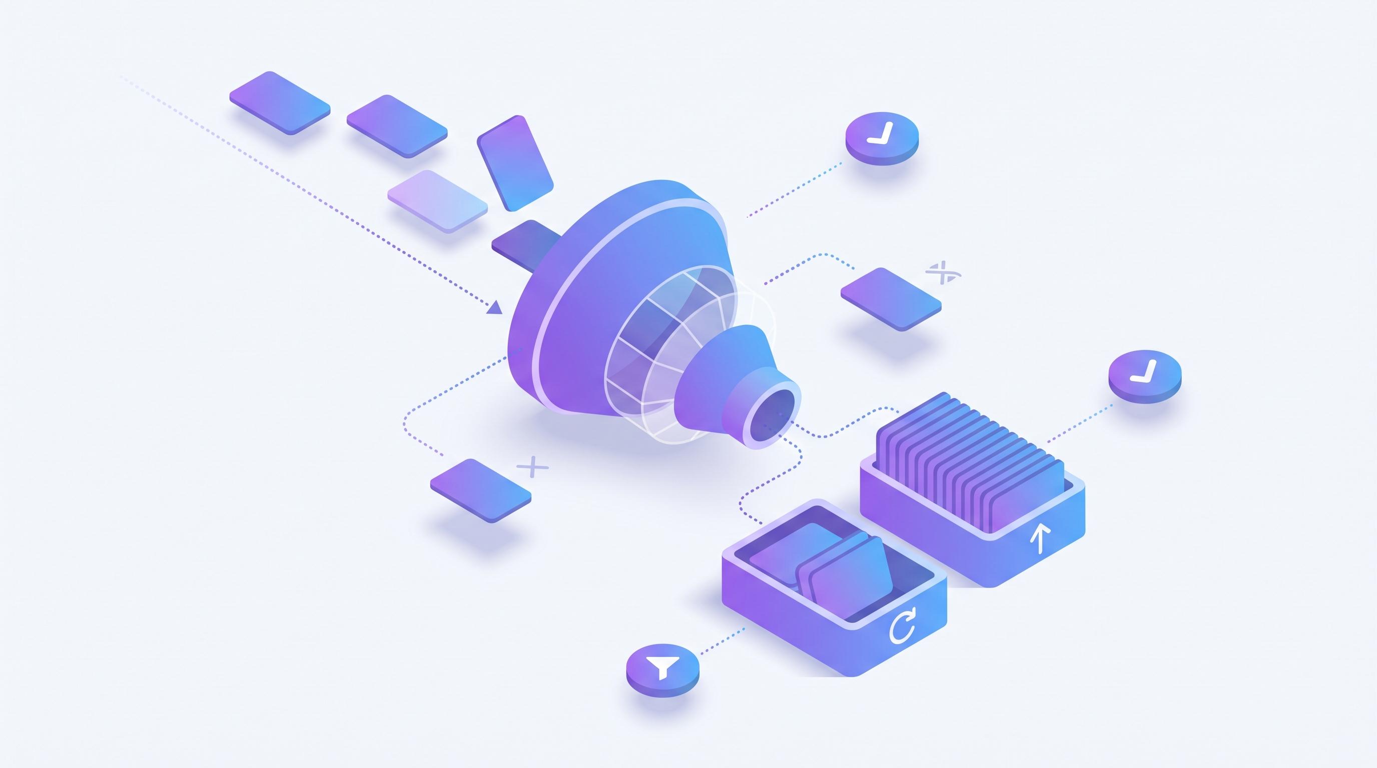 Isometric illustration of incoming leads passing through a qualification filter that sorts them into a qualified tray and a nurture tray