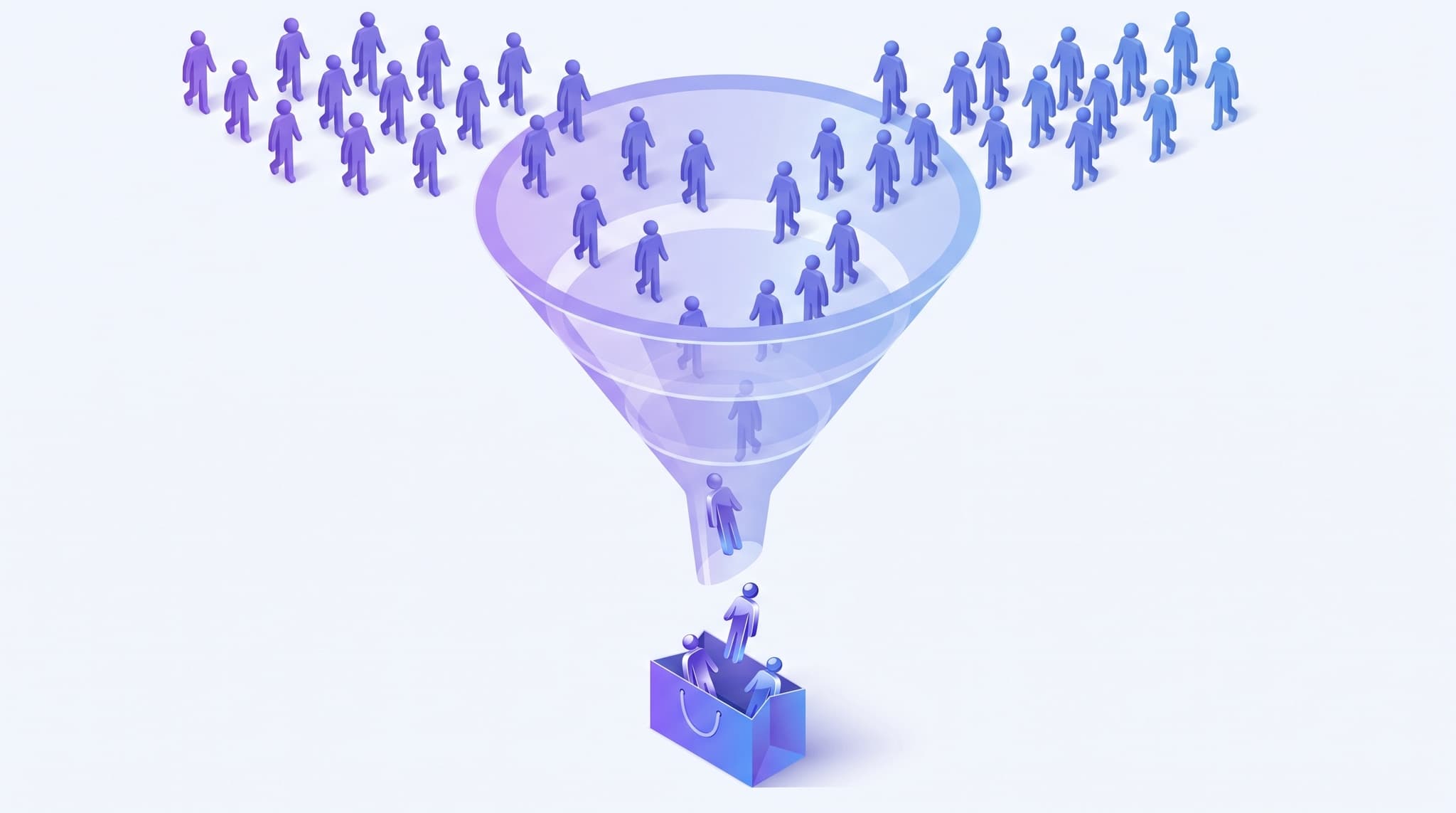 Isometric illustration of a wide funnel with rows of small figures entering at the top and a few refined figures exiting the narrow bottom into a checkout tray, showing how a sales funnel narrows leads into customers across stages