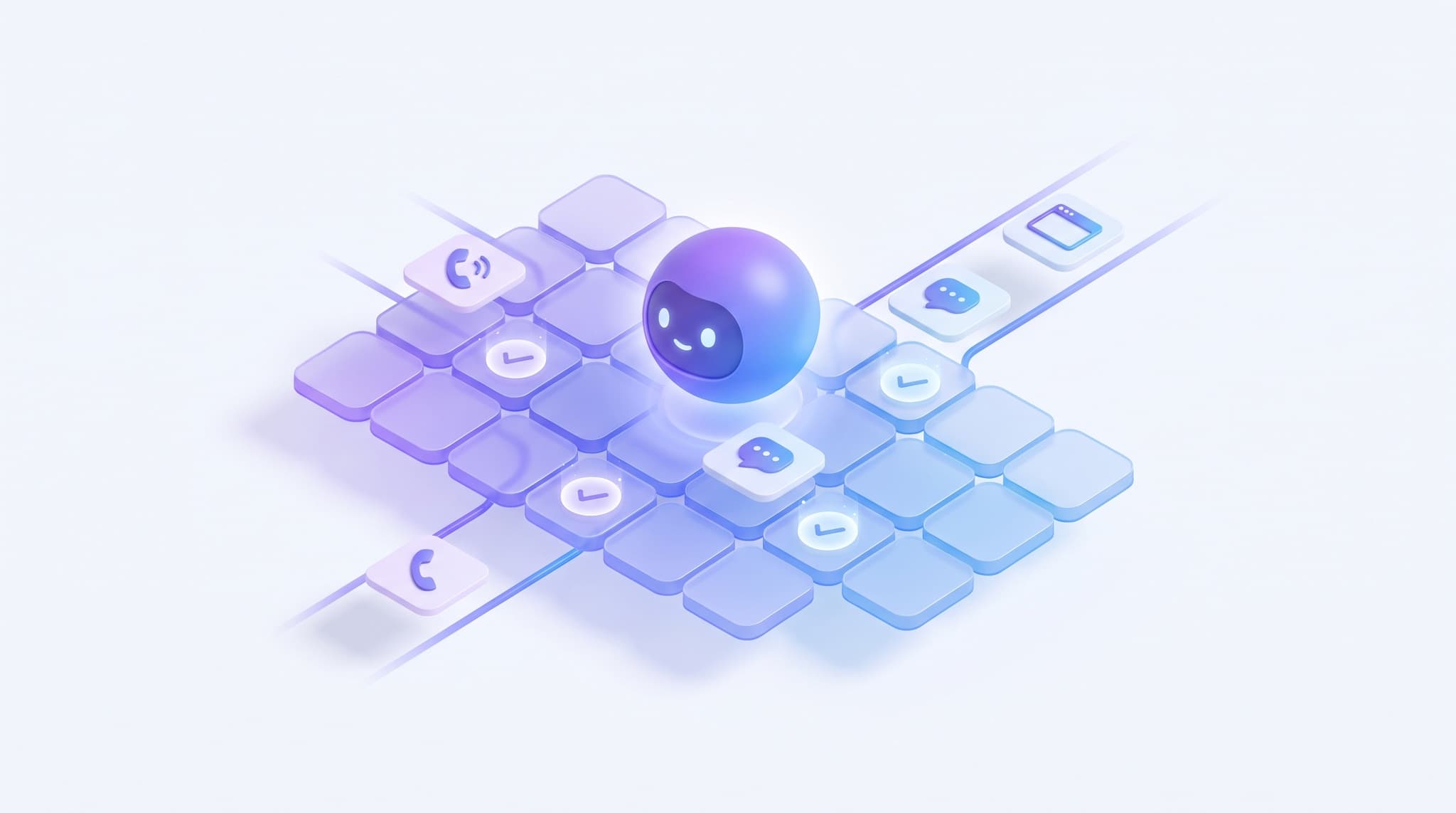 Isometric illustration of an AI assistant placing appointments into a calendar grid across phone, text, and web channels with confirmation checkmarks