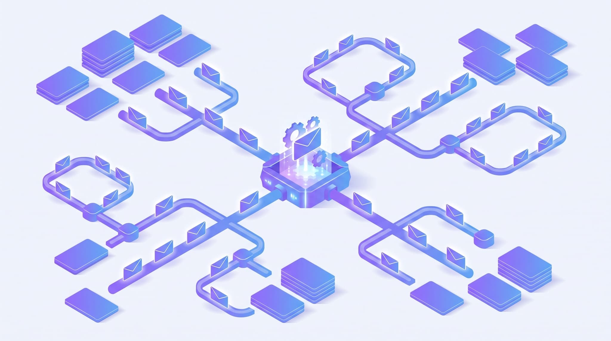 Isometric illustration of a small business email marketing engine: a central hub composing and sending personalized email envelopes along connected paths to a cluster of customer cards