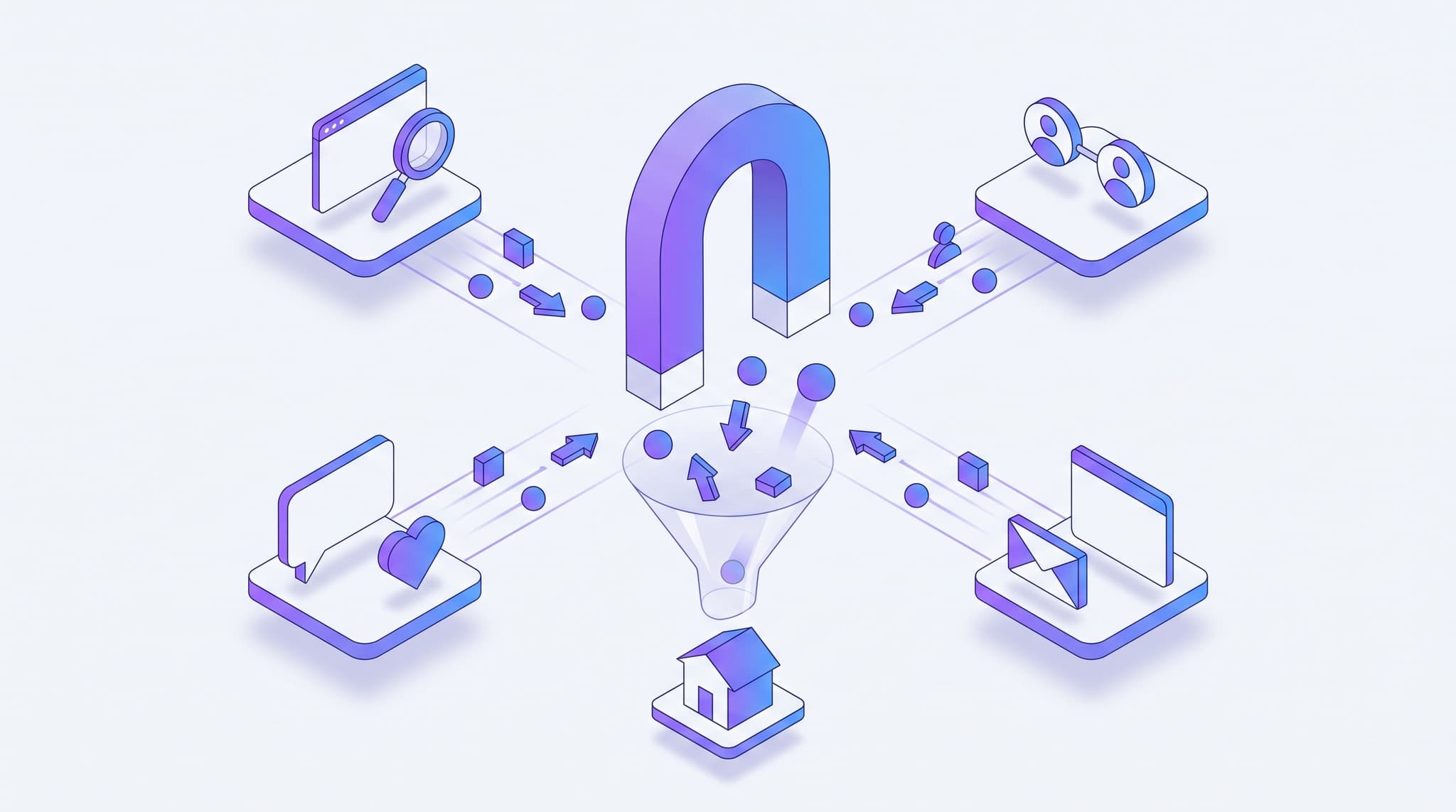 Isometric illustration of a magnet pulling in leads from multiple channels — search, referrals, social, and email — and funneling them into a small business's pipeline