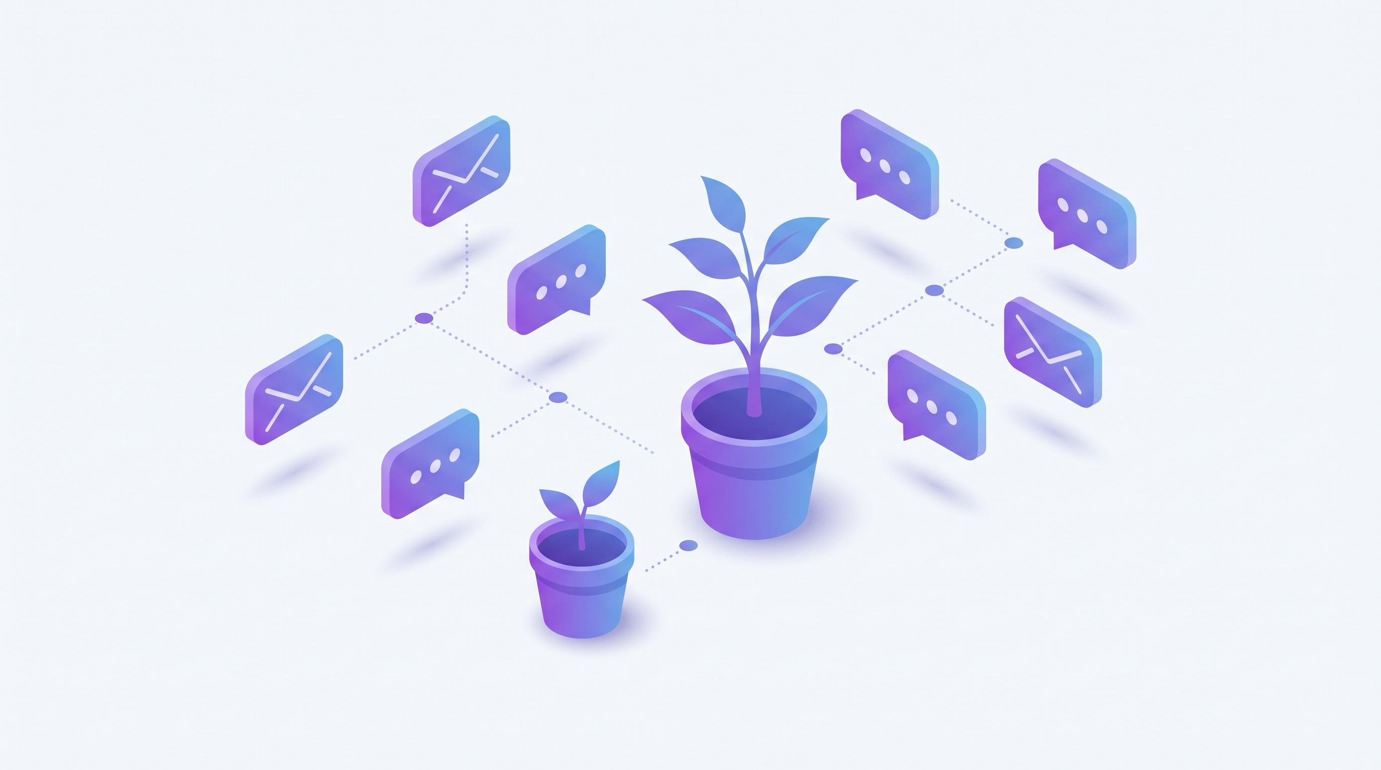 Isometric illustration of a seedling growing into a potted plant, surrounded by email and SMS message bubbles connected in sequence — a lead nurtured by automated touches over time