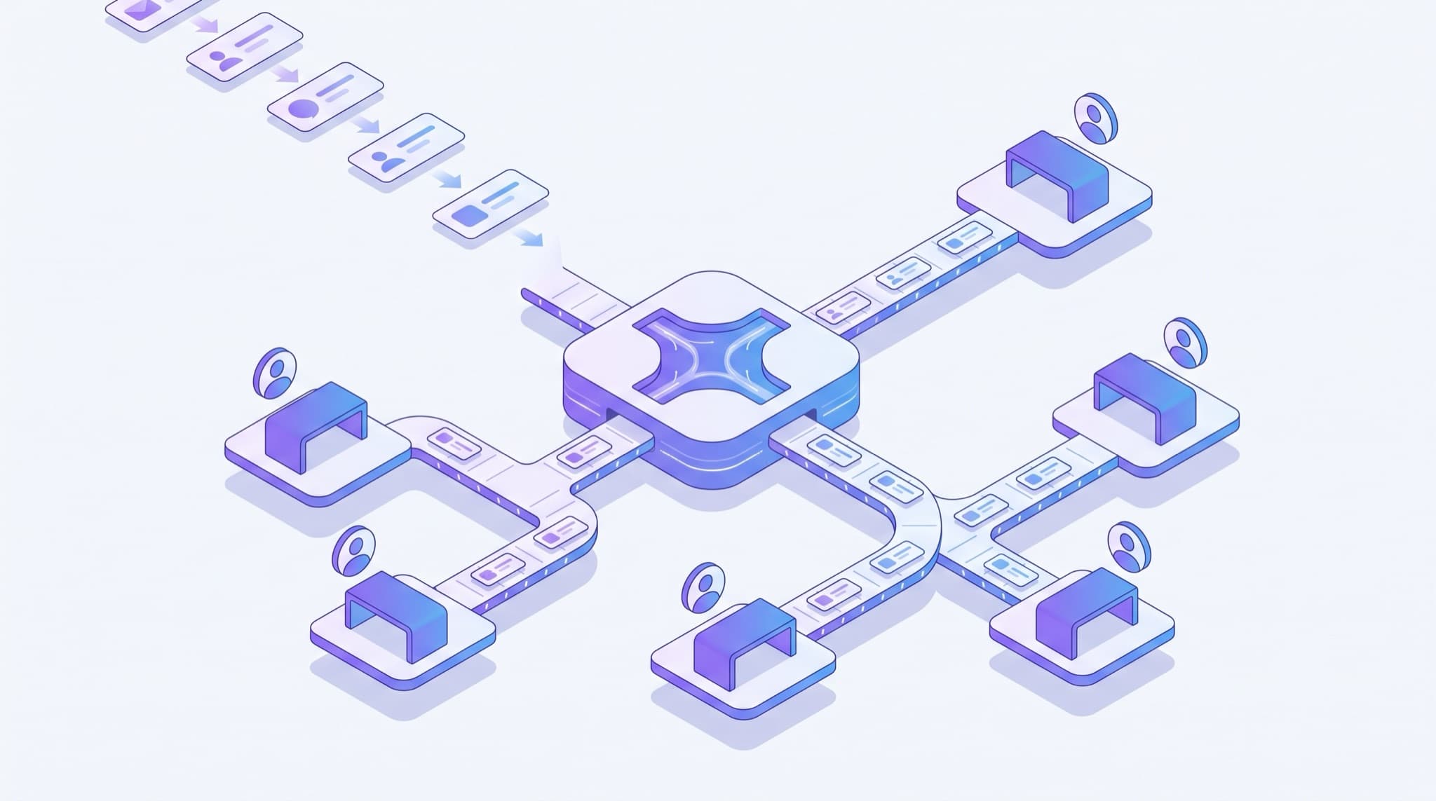 Isometric illustration of incoming leads flowing through a central routing hub that sorts and directs them along branching paths to the right sales reps