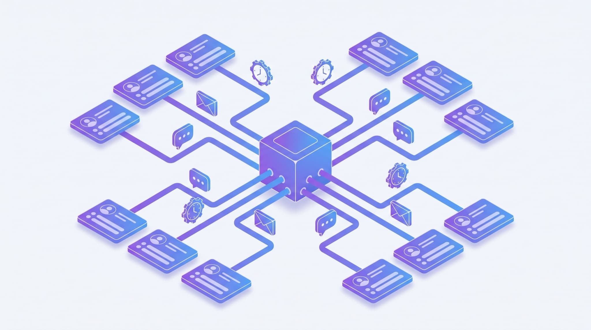 Isometric illustration of a small business marketing engine: a central automation hub routing email, SMS, and reminder message bubbles out to customer cards along connected paths