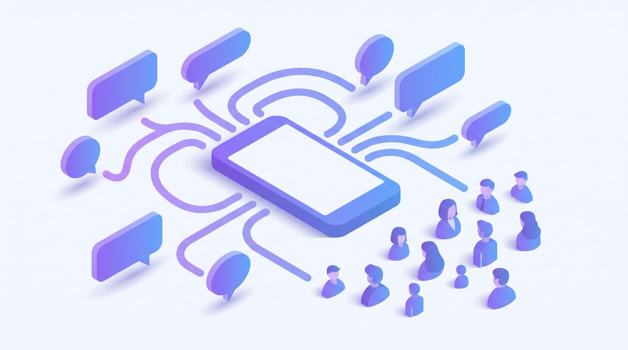 Isometric illustration of a small business sending a text message campaign from a phone, with message bubbles reaching a cluster of customers