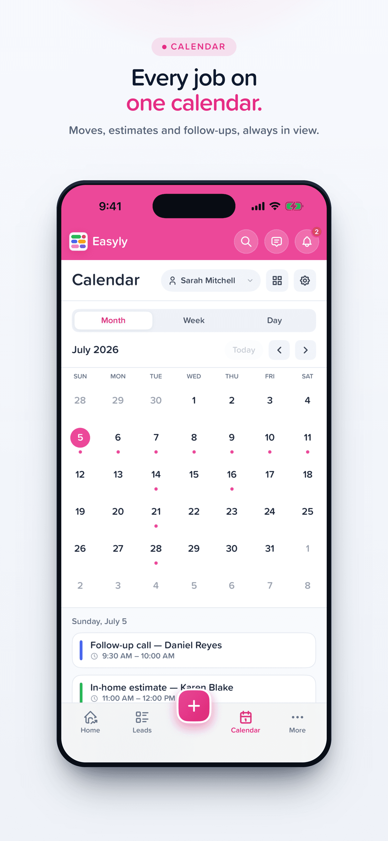 Easyly Workspace calendar on iPhone — every job on one calendar
