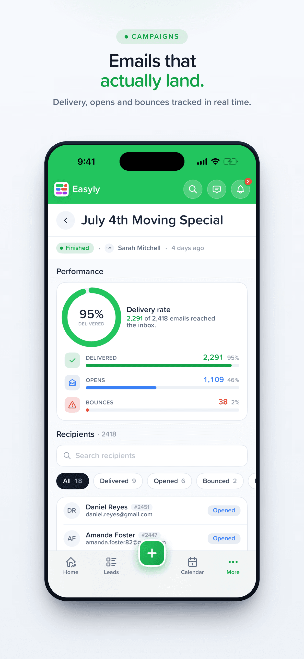 Easyly Workspace email campaigns on iPhone — delivery, opens, and bounces tracked in real time