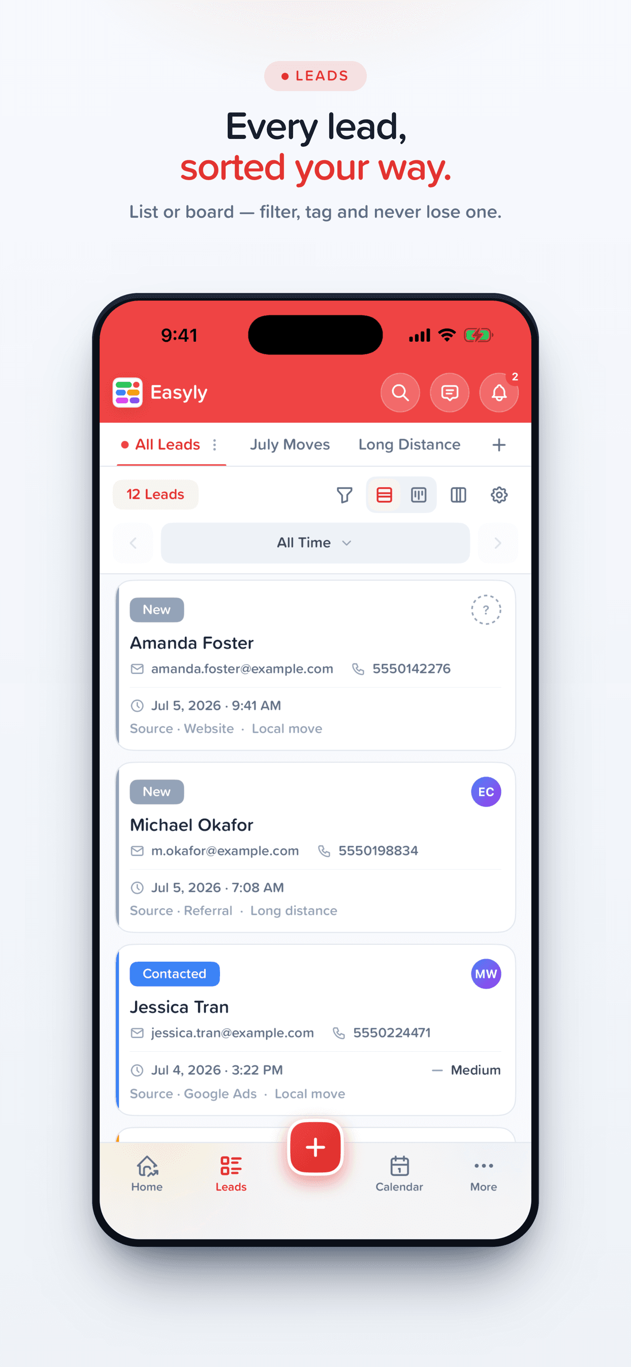 Easyly Workspace leads list on iPhone — every lead, sorted your way