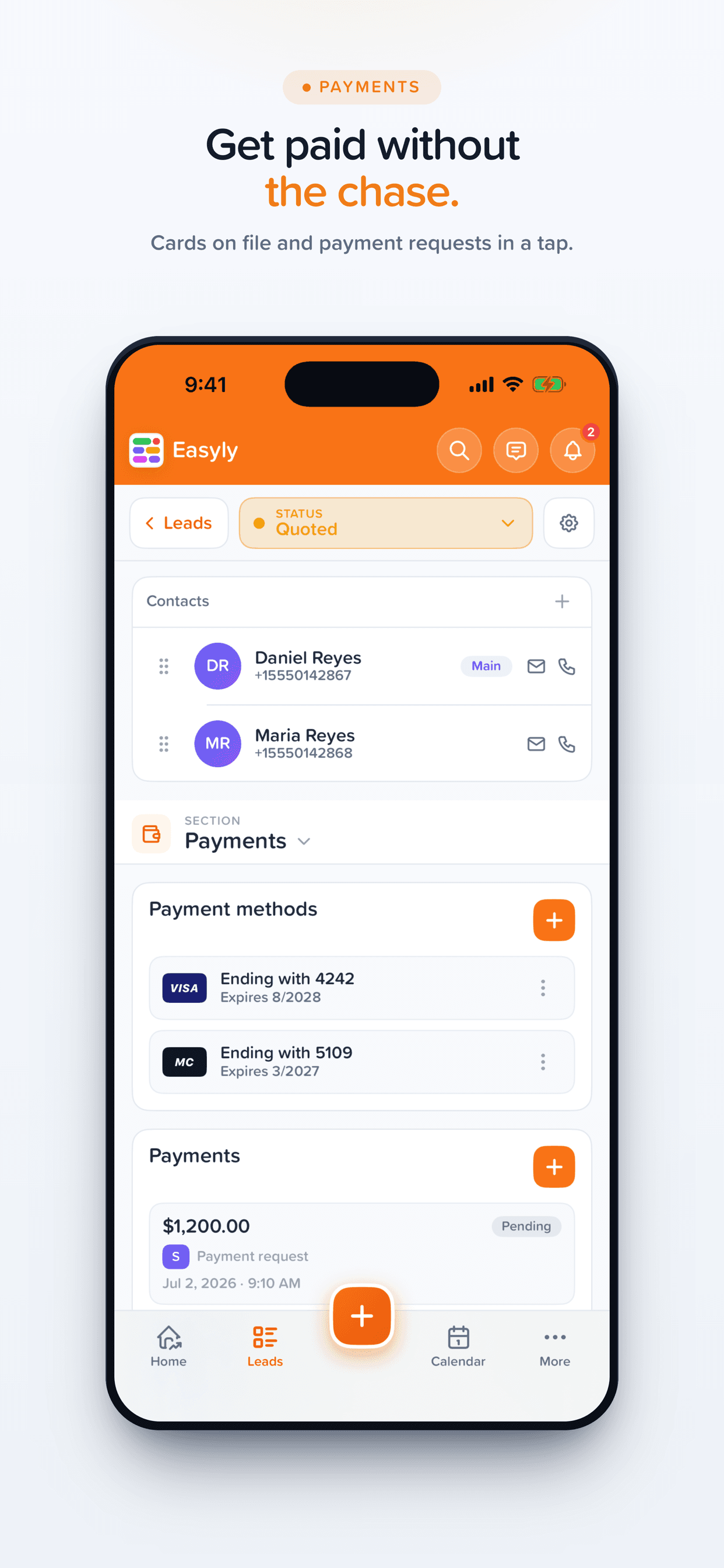 Easyly Workspace payments on iPhone — cards on file and payment requests in a tap