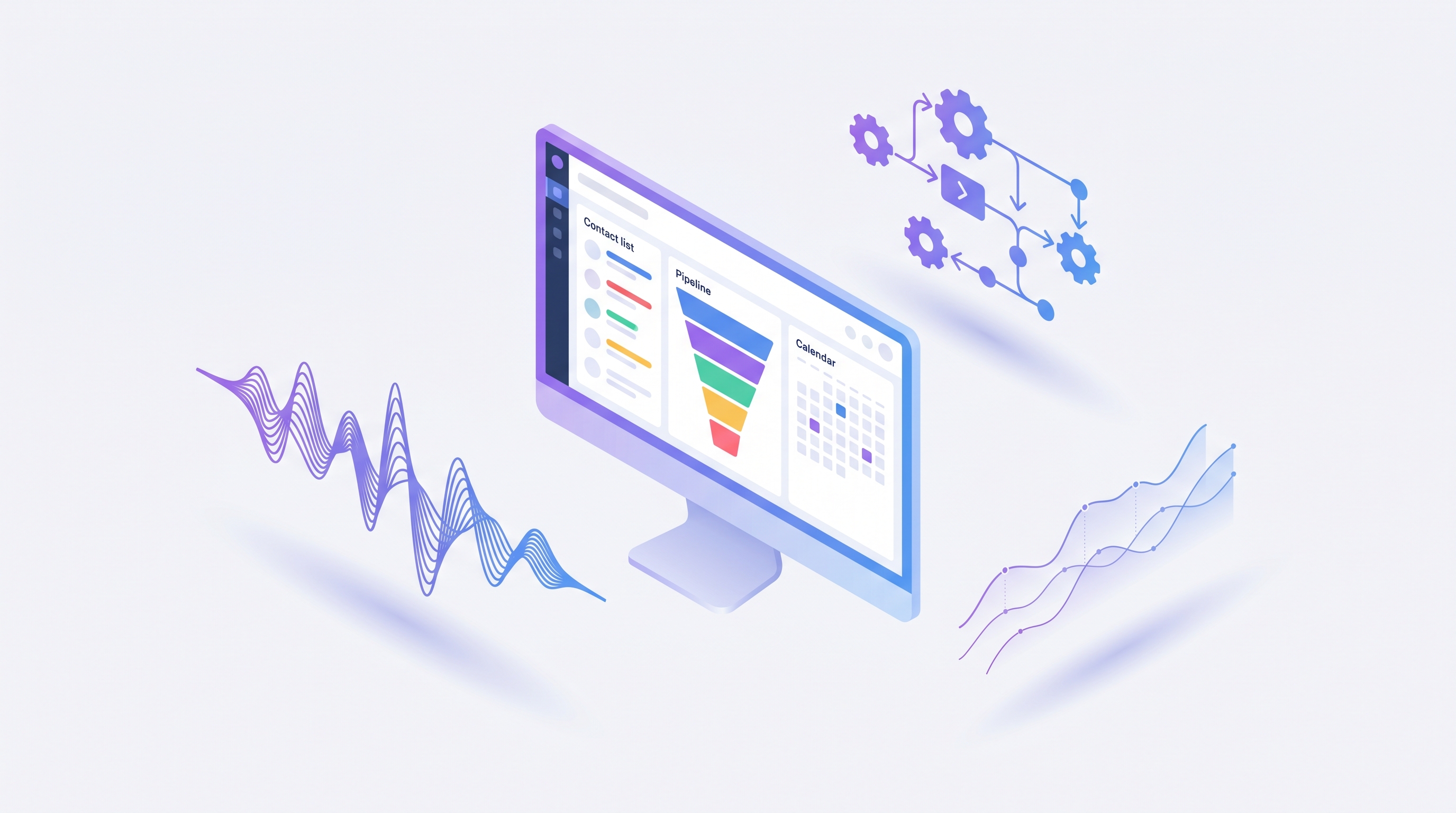 Illustration of an AI-powered CRM dashboard with voice agent waveforms, automation flows, and predictive analytics