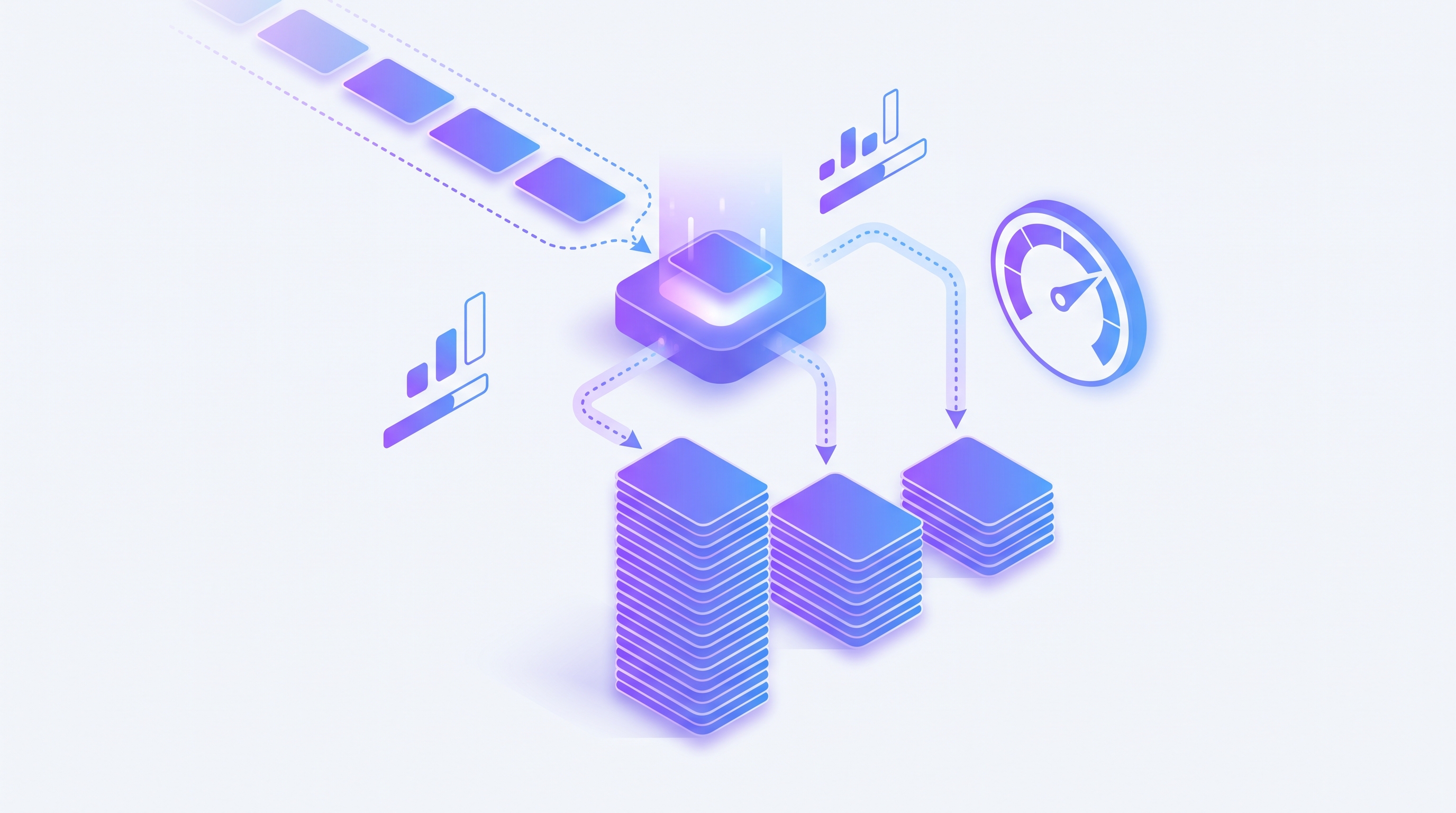 Isometric illustration of leads being sorted and ranked by an AI scoring engine into high, medium, and low priority tiers
