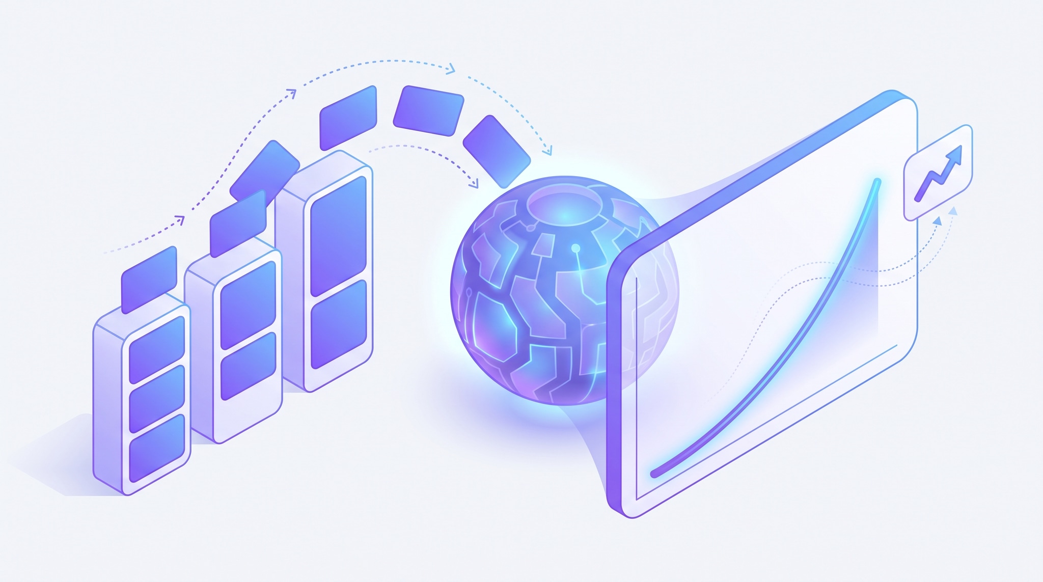 Isometric illustration of a sales pipeline feeding an AI forecasting engine that projects a rising revenue curve on a dashboard