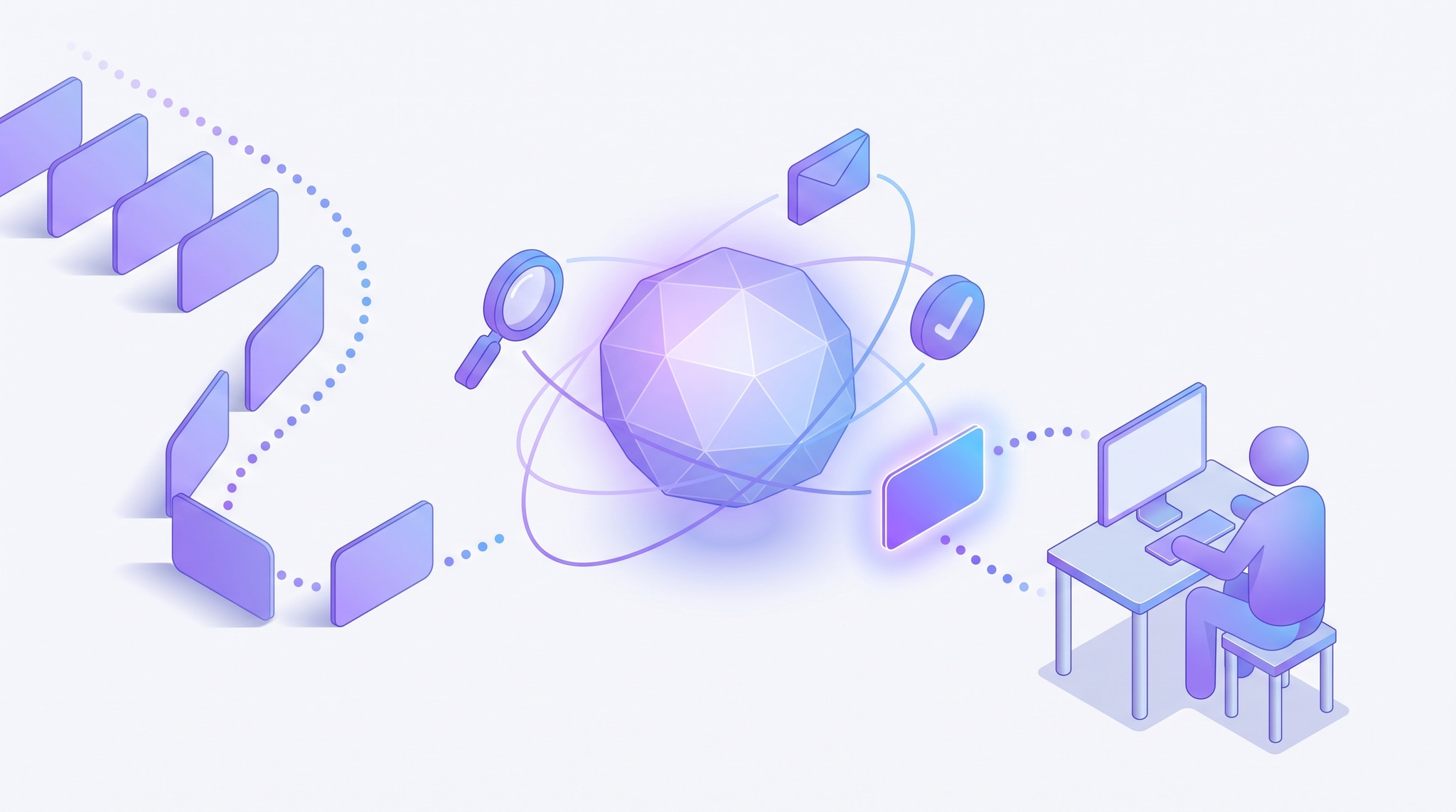 Isometric illustration of an AI sales development assistant automatically researching, messaging, and qualifying incoming leads, then handing the best-fit ones to a human sales rep