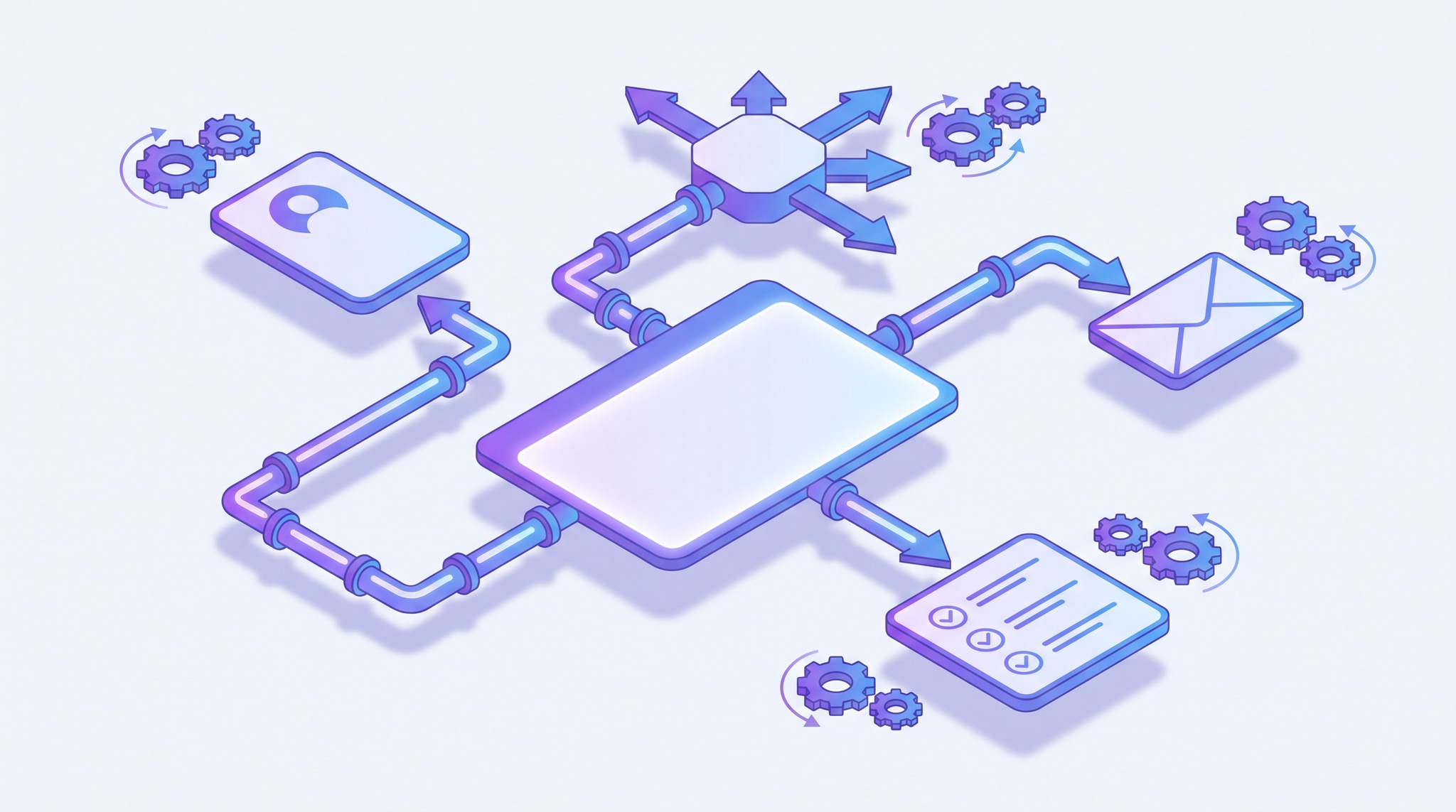 Isometric illustration of a CRM dashboard automatically moving new leads through capture, assignment, follow-up, and task-creation steps along connected pipelines, with gears and arrows showing the workflow running on its own