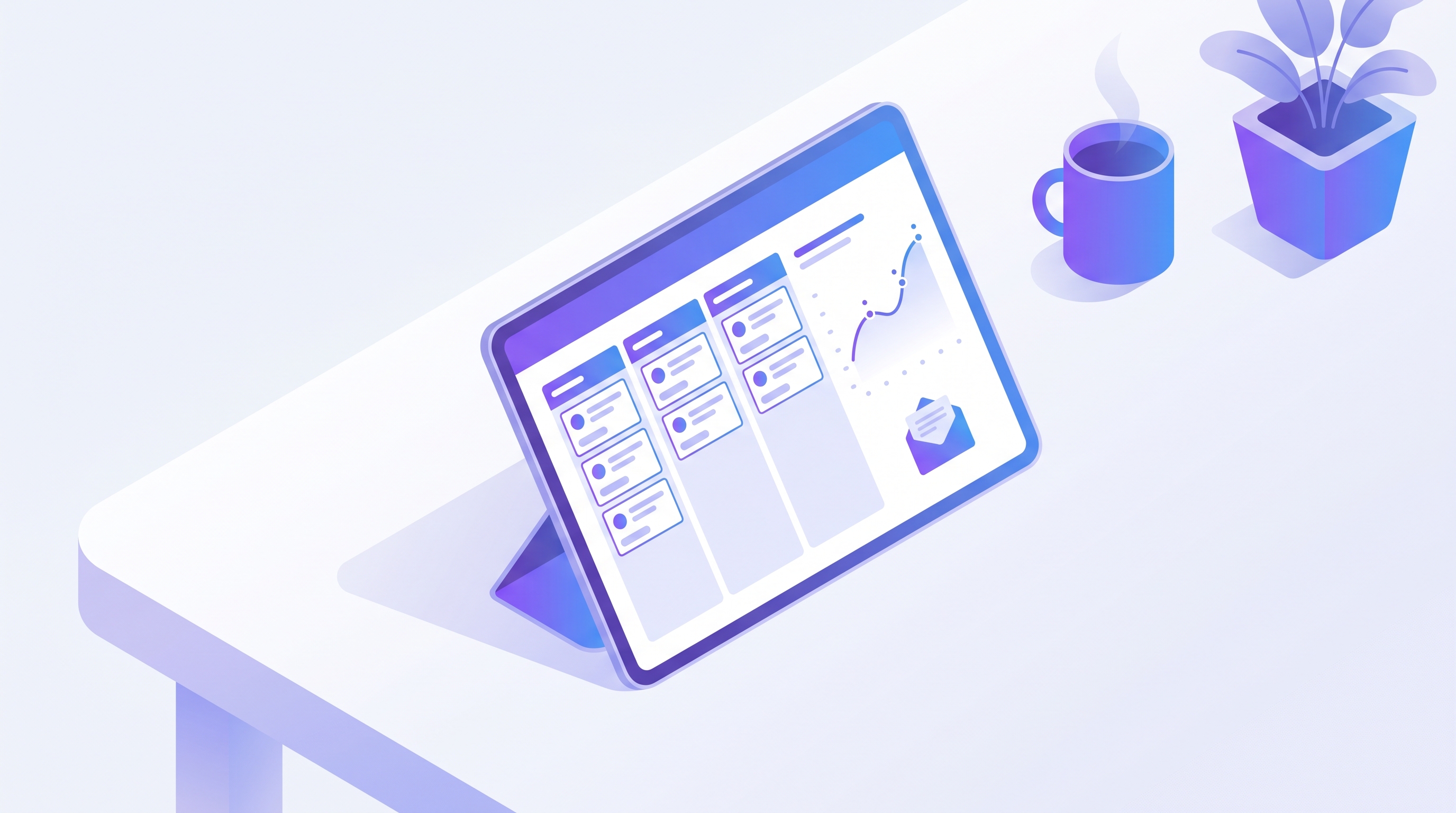 Illustration of a small business owner reviewing a CRM dashboard with customer cards, pipeline, and revenue chart