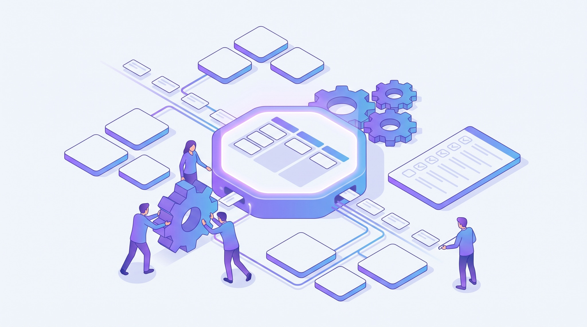 Isometric illustration of a small business team rolling out a new CRM, with customer data migrating into a central dashboard hub, a pipeline board, connected app tiles, and setup gears