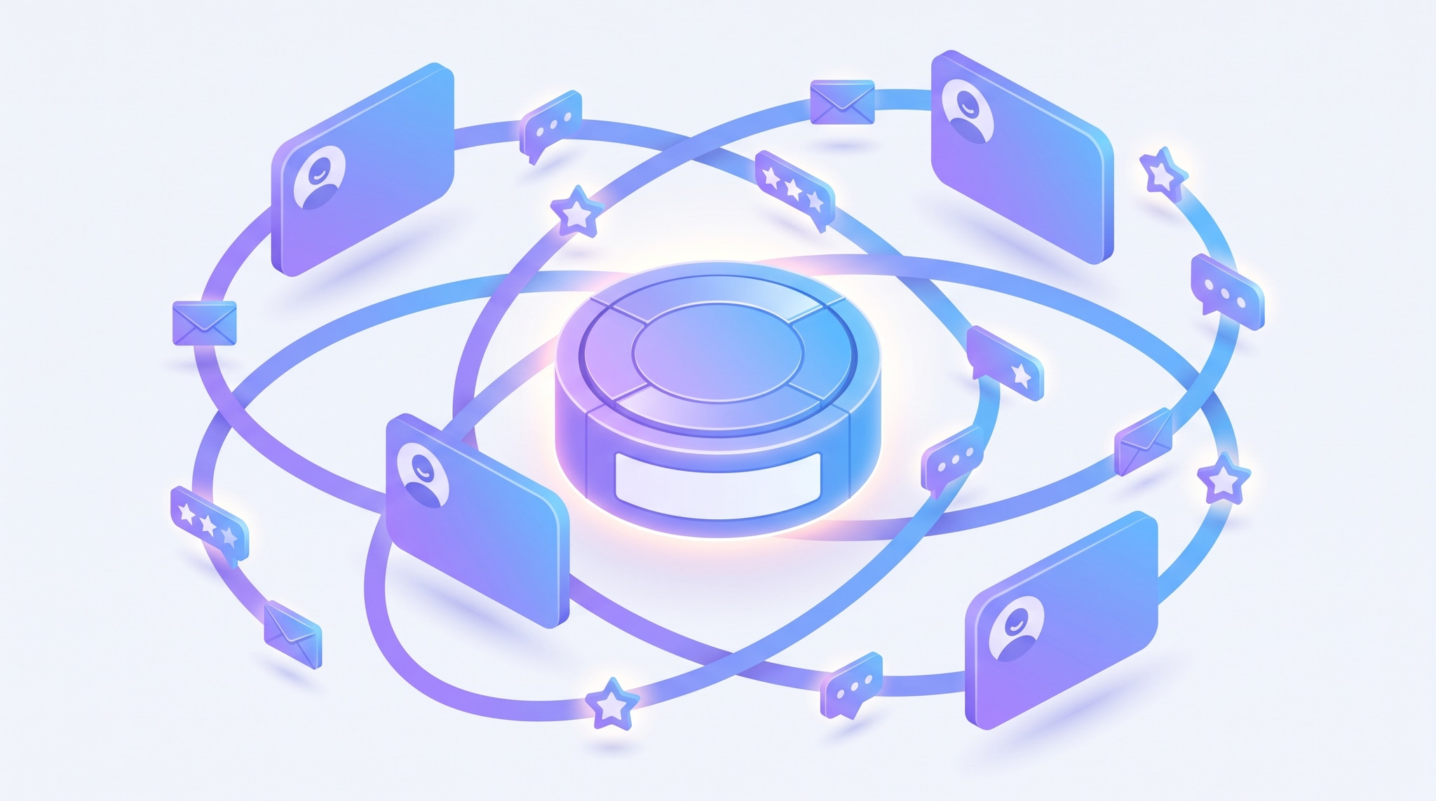 Isometric illustration of a small business retention loop: happy customer cards circling back to a central CRM hub through automated email, SMS, and review-request touchpoints