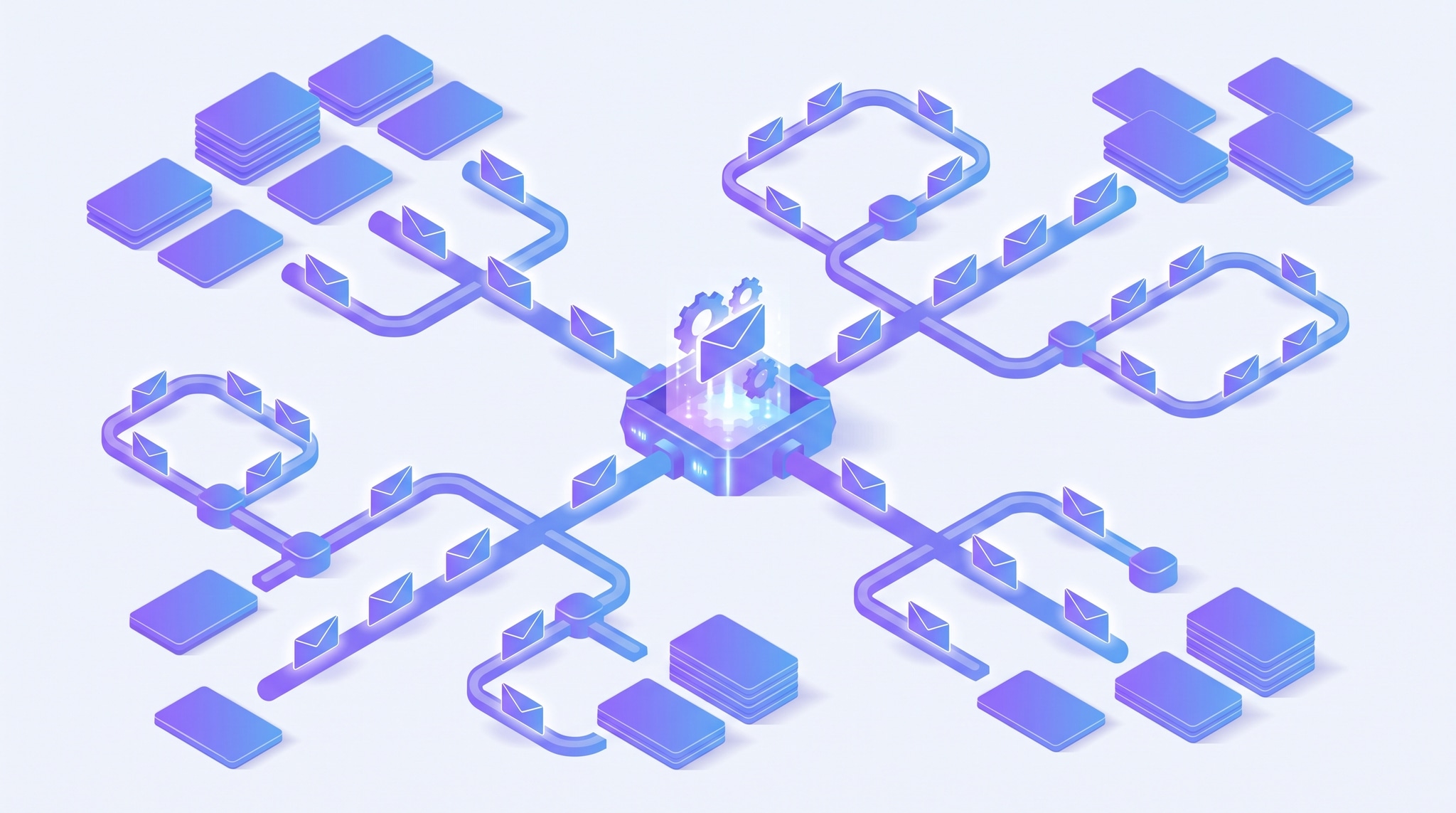Isometric illustration of a small business email marketing engine: a central hub composing and sending personalized email envelopes along connected paths to a cluster of customer cards
