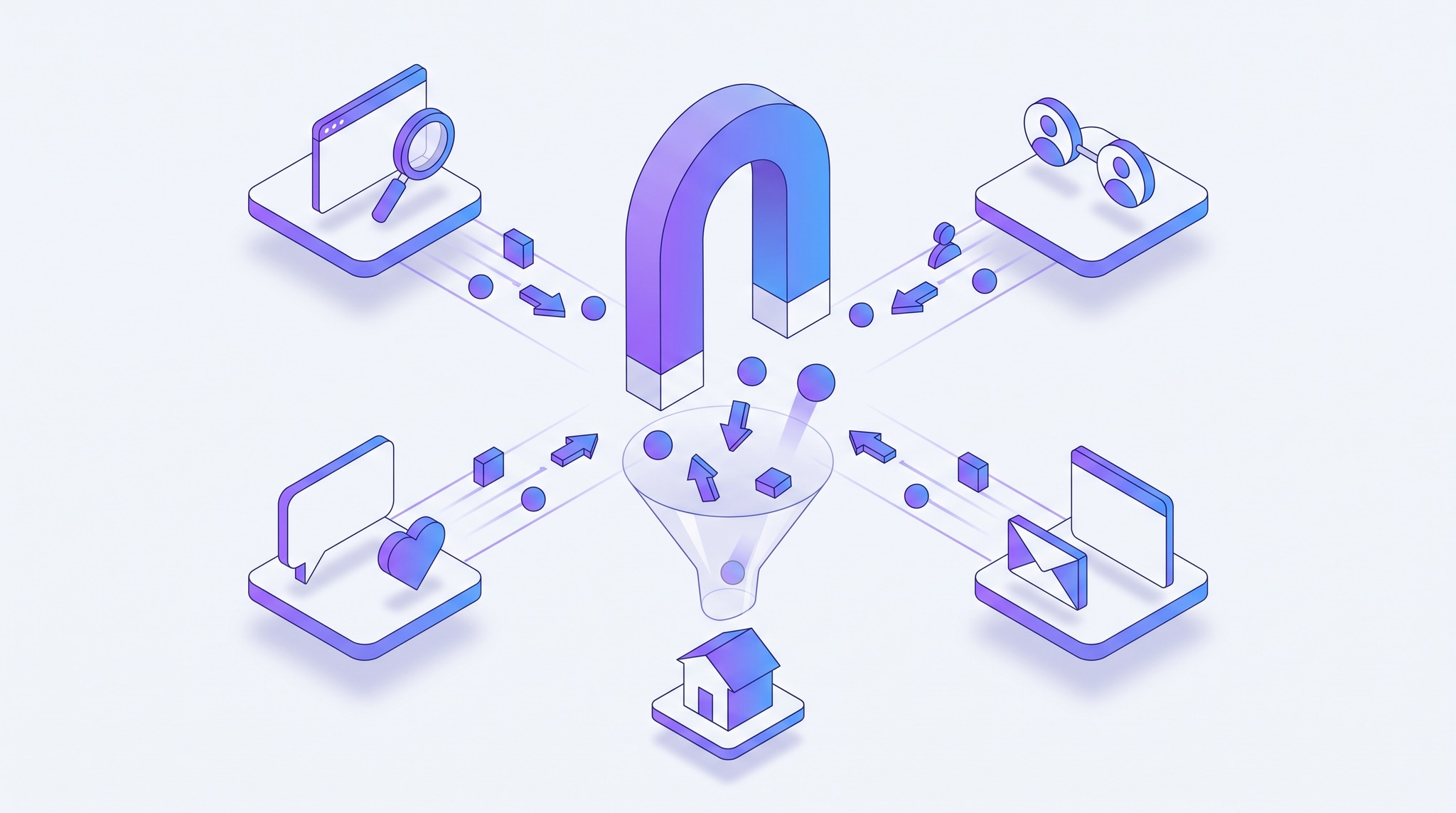 Isometric illustration of a magnet pulling in leads from multiple channels — search, referrals, social, and email — and funneling them into a small business's pipeline
