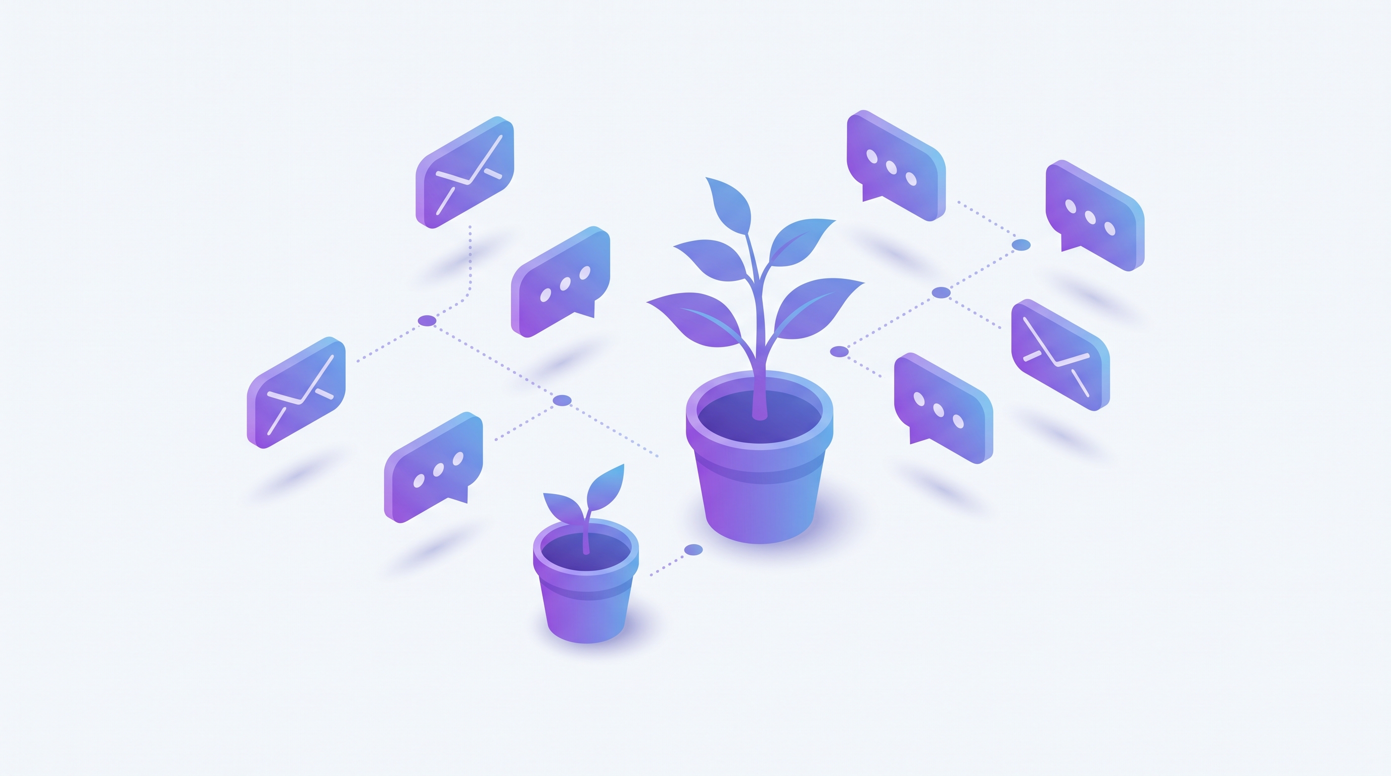 Isometric illustration of a seedling growing into a potted plant, surrounded by email and SMS message bubbles connected in sequence — a lead nurtured by automated touches over time