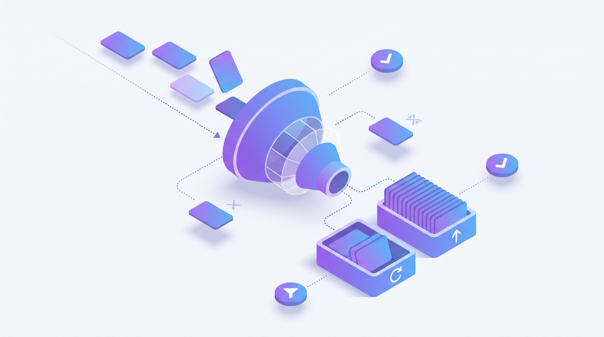 Isometric illustration of incoming leads passing through a qualification filter that sorts them into a qualified tray and a nurture tray