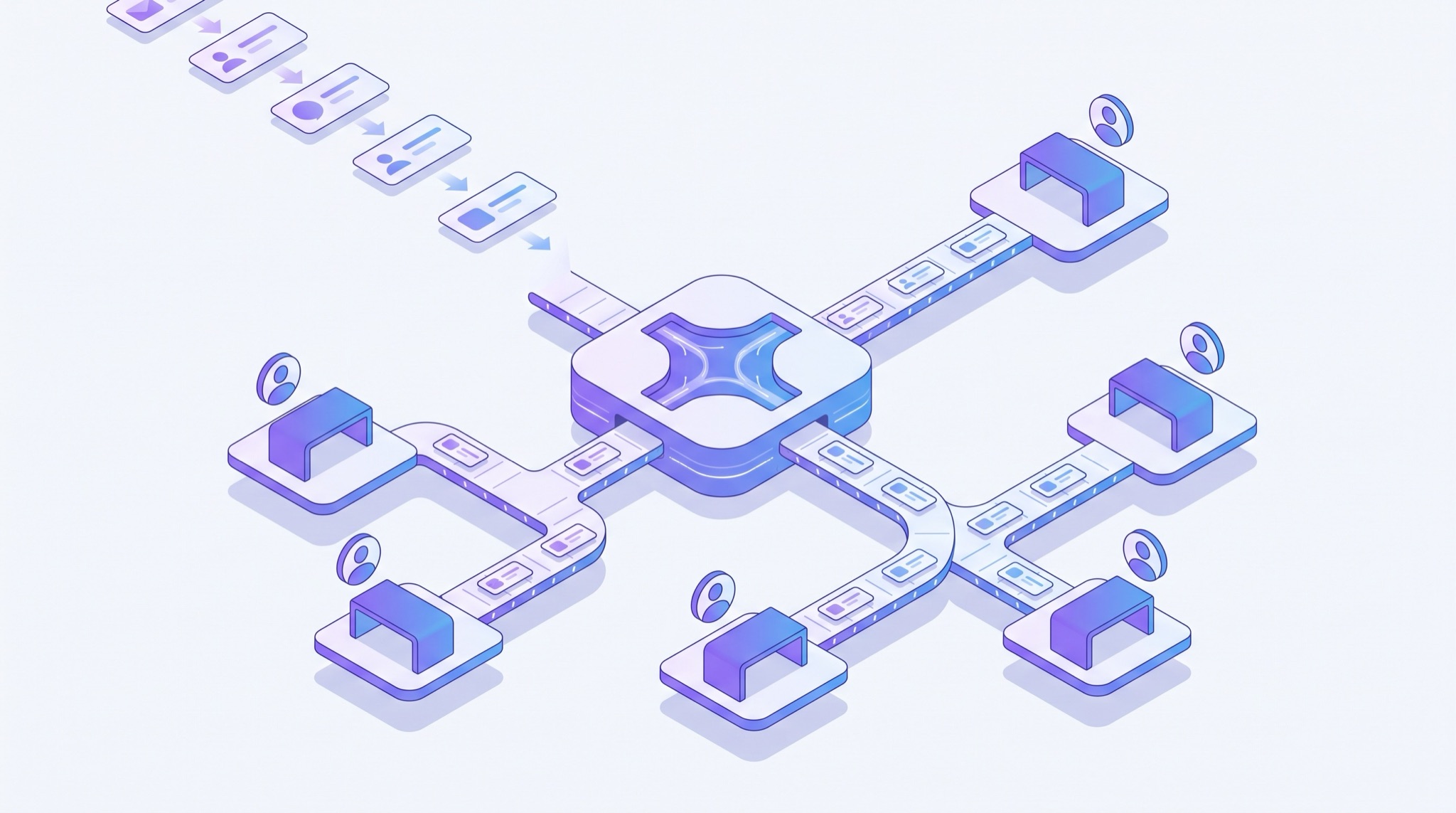 Isometric illustration of incoming leads flowing through a central routing hub that sorts and directs them along branching paths to the right sales reps