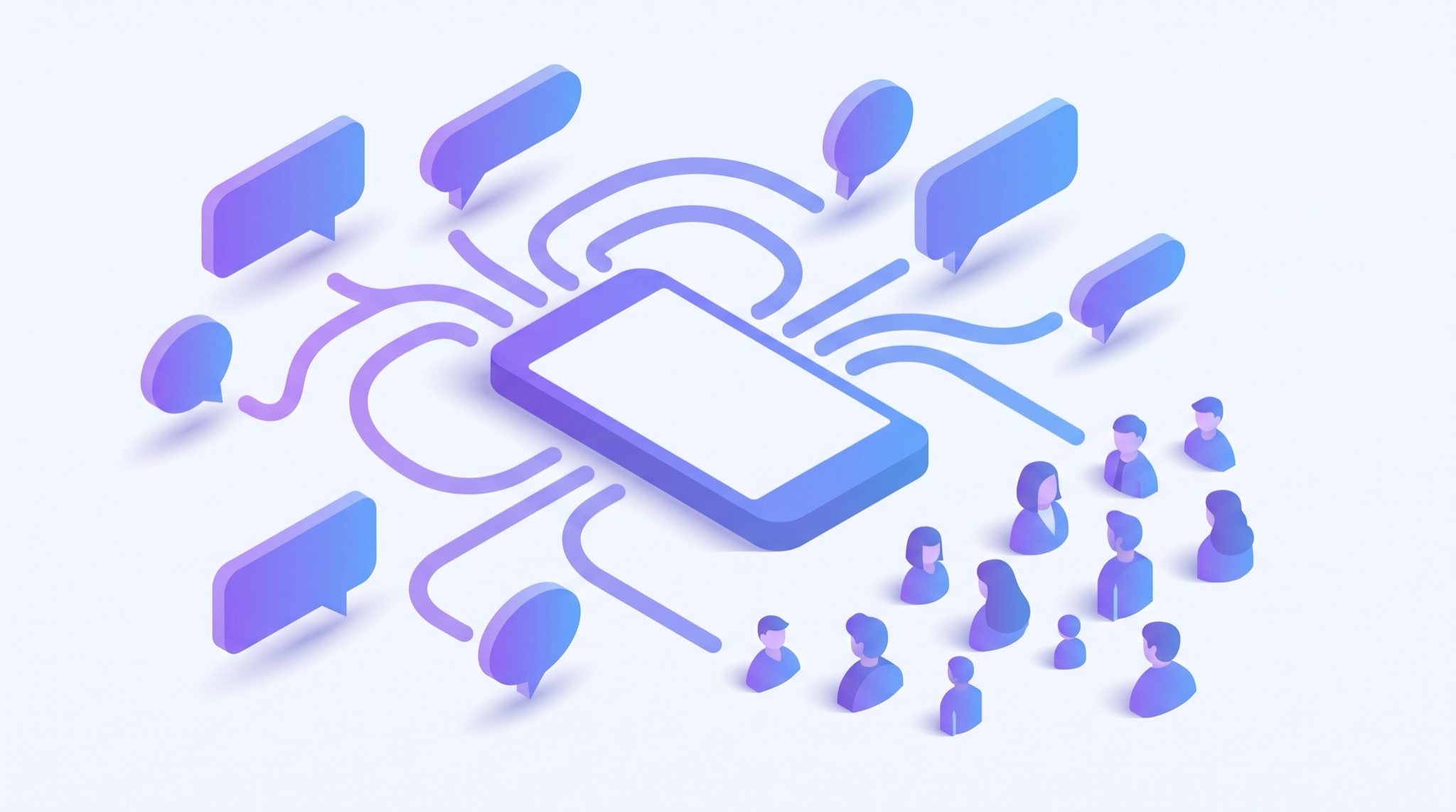 Isometric illustration of a small business sending a text message campaign from a phone, with message bubbles reaching a cluster of customers